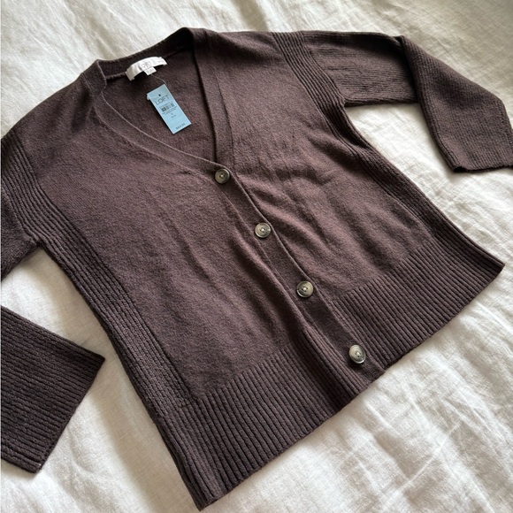 LOFT Petite Open Front Button Up Cardigan Sweater in Chocolate Brown - Picture 7 of 8